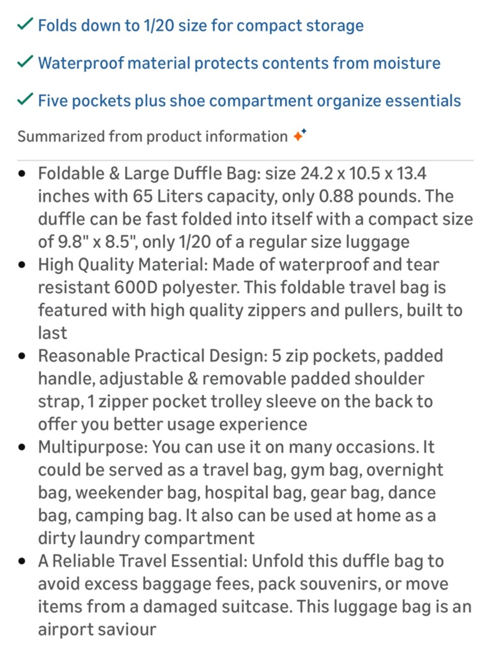 Gray Travel Duffle Bag with Removable Pouch - Picture 5 of 7